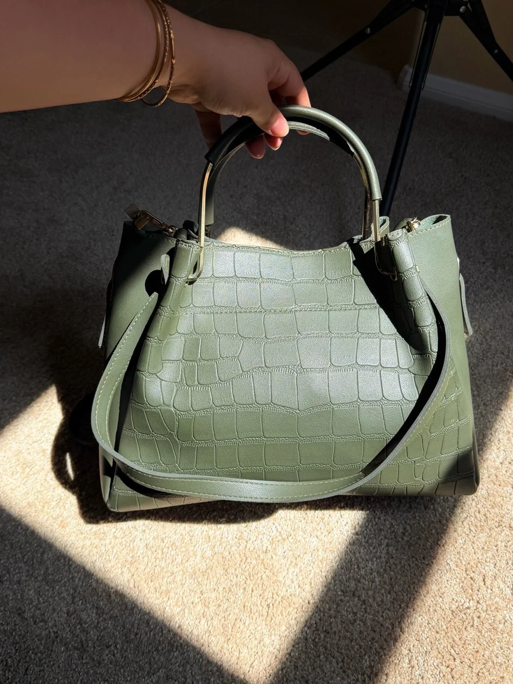 Source Unknown Olive Green Croc-Embossed Satchel with Tassel